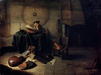 "Melankolia II Tiedemies ateljessaan", hollantilainen maalaus 1600-luvulta