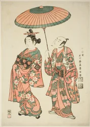 Näyttelijät Nakamura Kiyosaburo I Matsuyamana ja Ichimura Kamezo I Wanya Kyubein roolissa näytelmässä "Yoritomo Gunbai Kagami", joka esitettiin Ichimura-teatterissa yhdestoista kuukaudessa 1749.