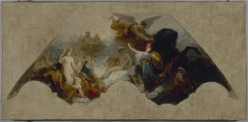 Minerva taistelee raakaa voimaa vastaan yhdistyneen Olympoksen edessä, n. 1872 (öljy kankaalle).