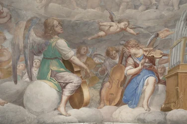 Enkelit, muusikkoenkeleitä ja puttoja, yksityiskohta Paratiisista ikuisen Isän kanssa, n. 1623-34 (yksityiskohta numerosta 3496185)