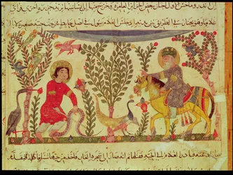 Lääkäri, joka auttaa käärmeen puremaa miestä, käsikirjoitus Dioscoriden tutkielmasta, 1200-luku
