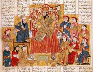 Islamilainen taide: "Sulttaani ja hänen hovinsa". Persialainen miniatyyri eeppisen runoelman "Šahname" (Shah Nama, Shahnama) (Kuninkaiden kirja) käsikirjoituksesta, tekijänä Ferdowsi (Firdawsi, tai Ferdawsi, tai Firdousi, n. 940-noin 1020), noin 1330