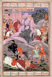Islamilainen taide: "" Bijene ja Roham hyökkäävät Firoudin kimppuun"" Persialainen miniatyyri Ferdowsin (Firdawsi tai Ferdawsi tai Firdousi) eeppisen runon "" Shahnameh"" (Shah Nama, Shahnama) (Kuninkaiden kirja) käsikirjoituksesta, noin 940 - noin 1020) (