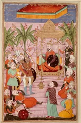 Islamilainen taide: "" Kuningas Keikaous käskee vangita Roustamin""" Persialainen miniatyyri Ferdowsin (Firdawsi tai Ferdawsi tai Firdousi) eeppisen runon "" Shahnameh"" (Shah Nama, Shahnama) (Kuninkaiden kirja) käsikirjoituksesta , noin 940 - noin 1020) (