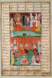 Islamilainen taide: "" Jemenin kuninkaan Seron kolmen tyttären avioliitto"" Persialainen miniatyyri Ferdowsin (Firdawsi tai Ferdawsi) eeppisen runon "" Shahnameh"" (Shah Nama, Shahnama) (Kuninkaiden kirja) käsikirjoituksesta , tai Firdousi, noin 940 - noin