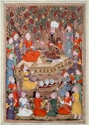 Islamilainen taide: "" Roustam pyytää Kei Khosraoulta Gourguinin armoa"" Persialainen miniatyyri Ferdowsin (Firdawsi tai Ferdawsi) eeppisen runon "" Shahnameh"" (Shah Nama, Shahnama) (Kuninkaiden kirja) käsikirjoituksesta tai Firdousi, noin 940 - noin 1020