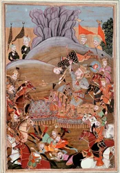 Islamilainen taide: "" Rustamin ensimmäinen taistelu Afrasiabia vastaan"" Persialainen miniatyyri Ferdowsin (Firdawsi tai Ferdawsi tai Firdousi) eeppisen runon "" Shahnameh"" (Shah Nama, Shahnama) (Kuninkaiden kirja) käsikirjoituksesta . 940 - noin 1020) (