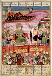 Islamilainen taide: "" Sohrab (Saharab) seisoo Roustamin teltassa""" Persialainen miniatyyri Ferdowsin (Firdawsi tai Ferdawsi) eeppisen runon "" Shahnameh"" (Shah Nama, Shahnama) (Kuninkaiden kirja) käsikirjoituksesta , tai Firdousi, noin 940 - noin 1020) 