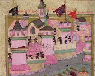 TSM H.1524 Wienin piiritys, jonka Suleyman I (1494-1566) Suurenmoinen, vuonna 1529, Lokmanin "Hunername", Wienin yksityiskohta, 1588