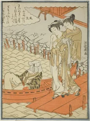 Ono no Komachi Seki-temppelissä, sarjasta Seitsemän muodikasta komachia (Furyu nana Komachi), noin 1771 (värillinen puupiirros; chuban).