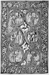Kopio Queen Melisende Psalterin norsunluun takakannesta, joka on toistettu T.A.:n The Crusades: tarinassa latinalaisesta Jerusalemin kuningaskunnasta. Jousimies, 1894