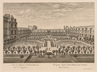 Näkymä Château de Fontainebleaulle Orangerien puolelta, 1679.
