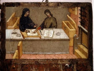 Kamariherra ja veronkantaja toimistossa, Biccherna (Sienan kaupungin kirjanpitorekisterin kansi) vuodelta 1394. Kansallisarkisto - Museo delle Tavolette di Biccherna, Siena