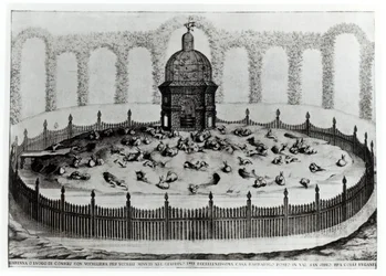 Kani lintutarhalla pienille linnuille, Le Fabbriche e i Giardini dellEcc. Casa Barbariga, D. Rossetti, kaiverrus G. Campana, julkaistu 1702