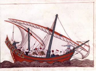 Turkkilainen vene. Miniatyyri ""Turkkilaisista muistomerkeistä"" (codex Cicogna 1971 "Memorie Turchesche") Akvarelli 1600-luvun venetsialaisesta koulukunnasta.