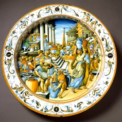 Congiarium antiikin Roomassa (viinin ja öljyn ilmainen jakaminen kansalle). Noin vuonna 1550 Italian Urbinossa Fontanan työpajassa valmistettu keramiikkalautanen. Firenze, Bargellon kansallismuseo