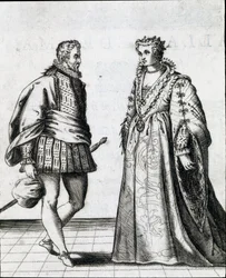 Pari italialaista aatelistoa. Kaiverrus "" Il ballarino "" (tai Il dancer) käsittelee tanssimestari Fabritio Caroson (1527 / 1535-1605 / 1620) tanssia 1581. Civic Museum Biblioteca Musicale, Bologna