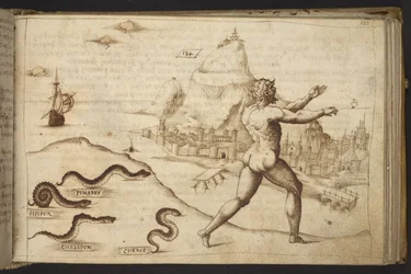 Lisätä. 82955, f.133   Käärmeet jahtaavat ihmishahmoa.  , Historia Animaliumilta, (koostuu 245 kynällä ja musteella tehdystä piirroksesta eri eläinlajeista ja myyttisistä olennoista, joista jokaiseen on liitetty kuvaus.)    1595
