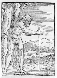 Intiaani Tainos sytytti tulen hieromalla kahta puupalaa. Giovanni Battista Ramusio (1485-1557) kaiverrus "Navigationista ja Viaggista" III, Venetsia 1565.