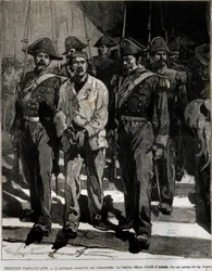 Italian kuningas Umberto I:tä (Humbert I) vastaan Napolissa vuonna 1878 hyökänneen Giovanni Passannanten (1849-1910) pidätys. Tämä tapahtuma inspiroi runoilija Giovanni Pascolia (1855-1912) Oodissa. Kaiverrus 1800-luvulta