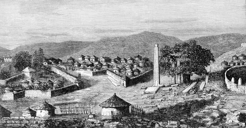 Axoum (Aksoum), Etiopian uskonnollinen pääkaupunki, noin 1850. Tutkija Gustavo Bianchin piirustuksesta.