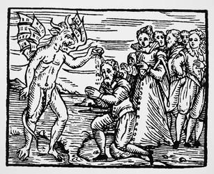 Paholaisen kaste, kopio Fr M Guacciuksen, Milano 1608, Compendium Maleficarum -kuvasta, käytetty History of Magicissa, julkaistu 1800-luvun lopulla