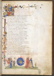 Burney 227 f.3 Veronan Stella-perheen jäsen: perheen käsivarret: taivaansininen, kahdeksansakarainen tähti, Titus Maccius Plautusin teoksesta Amphitruo, kahdeksan komediaa prologeilla ja argumenteilla, n. 1440 (muste, väri ja kultaa persulla)