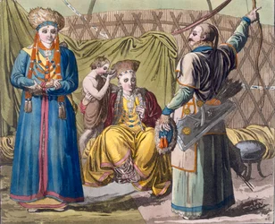 Buryat-perhe sisustuksessa, Giulio Ferrarion Costume dei..., n. 1820-30-luvulta (käsinvärinen lito)