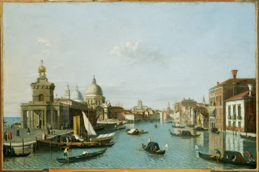 Canaletton ympäristö Venetsia, Canale Grande, Dogana ja Santa Maria della Salute (maalaus kankaalle).