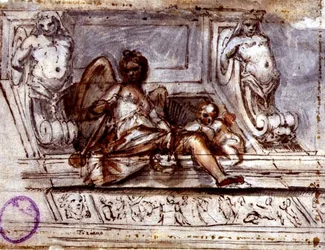 Kattosuunnittelu Muse of Musicin kanssa, n. 1700 (kynä ja muste akvarelleilla paperille)