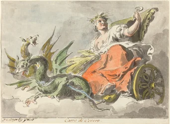 Chariot of Ceres (kynä ja musta muste harmaalla pesulla ja akvarellilla paperille)