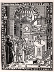Kirkkokuoro, kuvitus Franchino Gaffurion (1451-1522) Practica Musicaesta, julkaistu Venetsiassa 1512