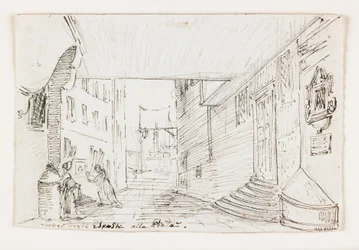Genovan kaupunkikatu, taustalla majakka ja satama, 1800-luvun alku (kynä ja ruskea muste mustan liidun päällä)