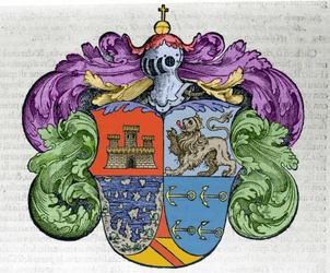 Merenkulkija Kristoffer Kolumbuksen (1451-1506) vaakuna: kilven neljä kenttää esittävät ylhäällä Kastilian ja Leónin kaupunkia, alhaalla löydettyjä saaria ja amiraalin tunnuksena ankkureita. Kaiverrus kirjasta "Navigationi and Viaggi"