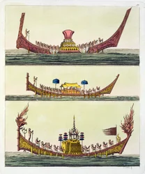 Cochin kiinalaiset laivat, kuvitus Giulio Ferrarion Le Costume Ancien et Modernesta, julkaistu 1820-30-luvulla