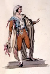 Pukusuunnittelu kappaleeseen "Figaro", Wolfgang Amadeus Mozartin teoksesta "Figaron häät", n. 1880 (värilitho)