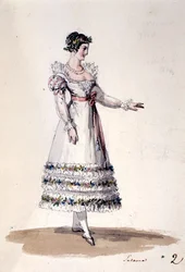 Susannan pukusuunnittelu Wolfgang Amadeus Mozartin "Figaron häistä", n. 1880 (värilitho)