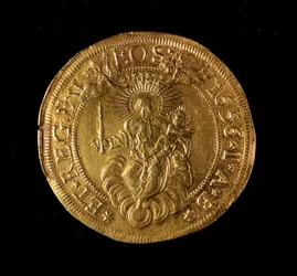 Geenien tasavallan valuutta: 12,5 kultainen kaksoiskolikko. Halkaisija 61 mm. 1656. Takaisin. Strada Nuovan geenimuseot (inv. 6453)