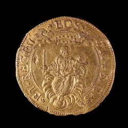 Geenien tasavallan valuutta: 20 tuplakultaa. Halkaisija 58 mm. 1645. Takaisin. Strada Nuovan geenimuseot
