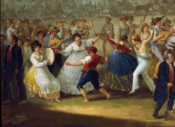 Tanssikohtaus ja kansanjuhla Napolissa: tarantellan tanssijoita. Tuntemattoman tekijän maalaus. 1700-luku, Napoli, Museo Nazionale di San Martino