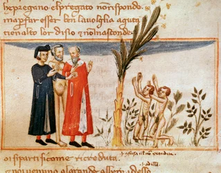 Dante ja Virgil tapaavat Forese de Donatin ahmattisen kanssa (laulu 23 Purgatoriosta jumalallisessa komediassa) - Minature