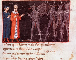 Dante ja Vergilius puhuvat Malacodan, Malebranche-joukkojen johtajan, kanssa (Jumalaisen näytelmän Helvetin 21. laulu)