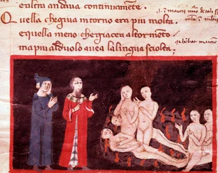 Dante et Virgil väkivaltaisten ympäröimänä (laulu 14 helvetistä jumalallisessa näytelmässä) - pienoismalli 1300-luvulta