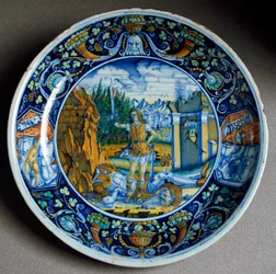Daavidin voitto Goljatista. Italian Faenzassa valmistettu keraaminen lautanen. Noin 1507, Firenze, Museo Nazionale del Bargello