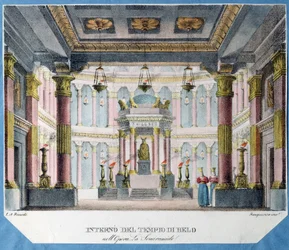 Sisustus Christoph Gluckin (1714-1787) La Semiramide -oopperaan (Ch. Gluckin La Semiramide -oopperan lavastus). Litografia väreillä, anonyymi, noin 1790. Italialaista taidetta, teatterisisustus. Valtion teatteri- ja musiikkitaiteen museo, Pietari.