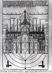Suunnittelu Milanon katedraalille, kuvitus De Architecturasta, Vitruvius, Como, 1521
