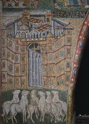 Yksityiskohta Kohtauksia Kristuksen ensimmäisestä tulemisesta ja Jeesuksen lapsuudesta, Santa Maria Maggioren basilikan riemukaaren mosaiikki, Rooma, Italia, 5. vuosisata.