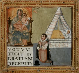 Ex-voto, joka kuvaa miestä, joka kiittää Neitsyttä polvillaan sairaudesta parantumisesta, 1604