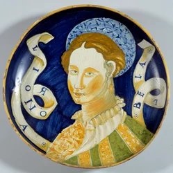 Casteldurantessa valmistettu "Lionora Bella" -fajanssikuppi. 1500-luku. Écouen, Musée national de la Renaissance