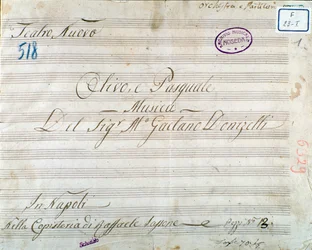 Gaetano Donizettin "Olivo e Pasquale" -oopperan partituurin ensimmäinen sivu (muste paperille)